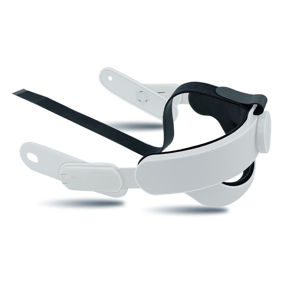 Side view of a white VR headset with adjustable black strap and side adjustment knobs