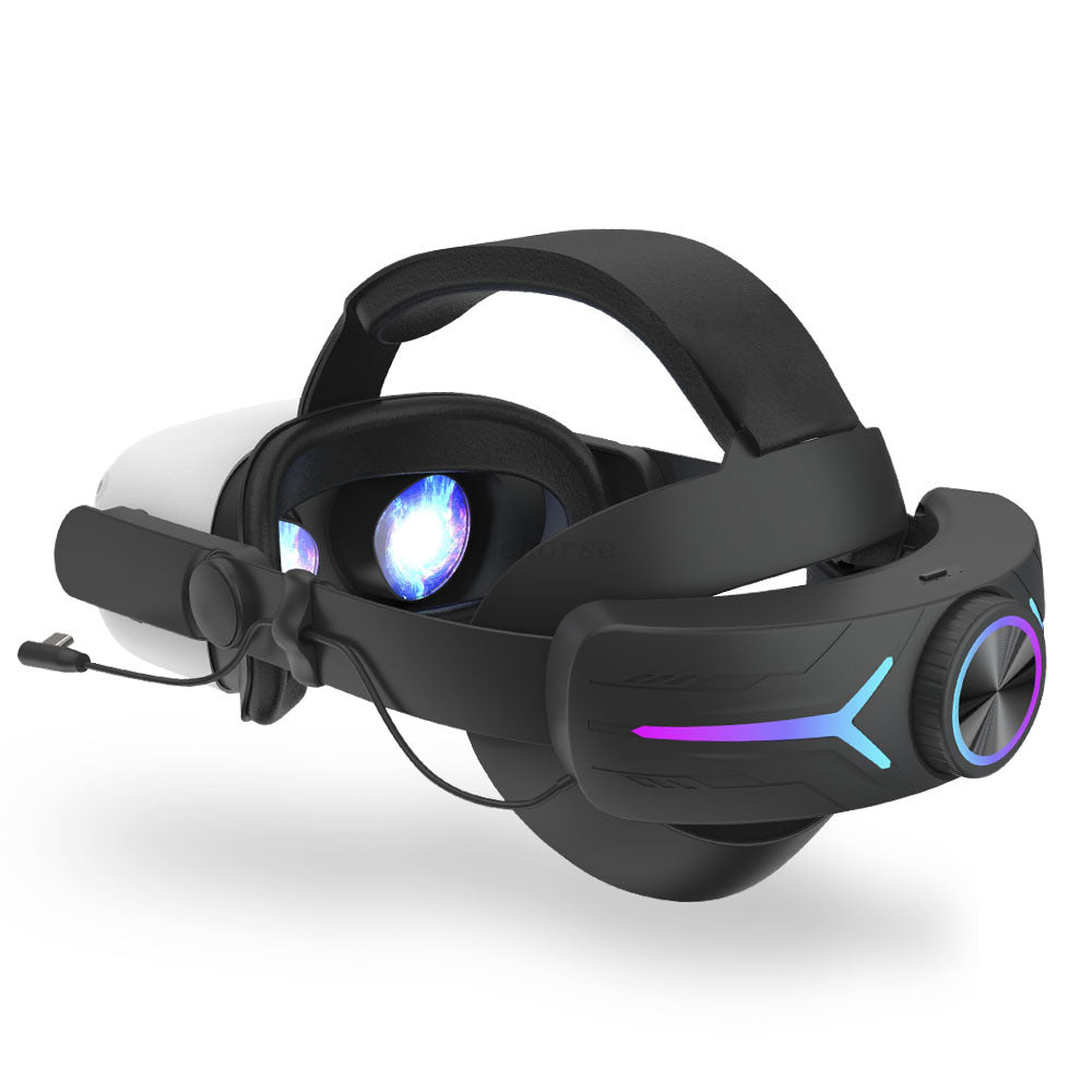 VR headset with LED lights and adjustable black and white straps