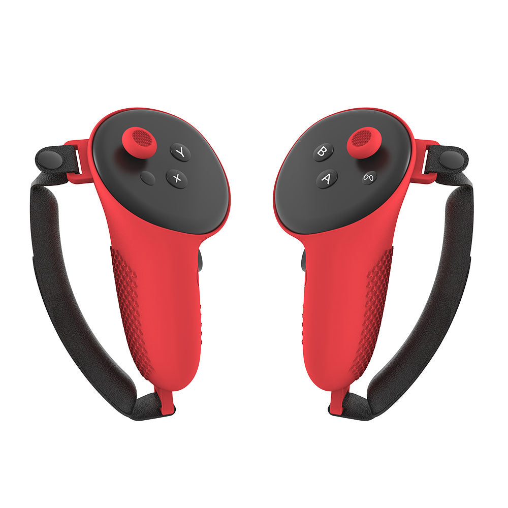 red Pair of VR controller grips with buttons and wrist straps