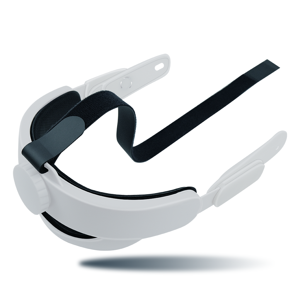 White VR headset with black adjustable strap and padded interior