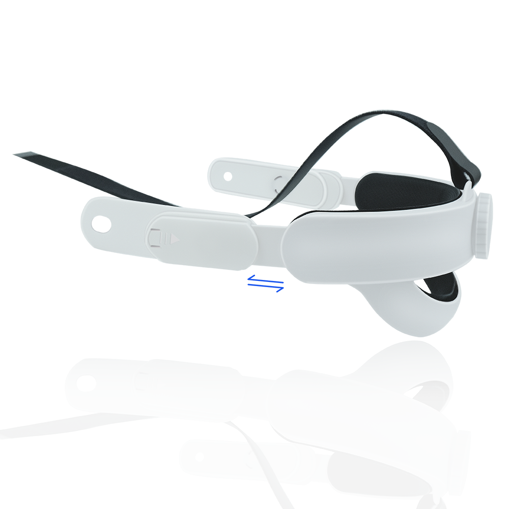 White VR headset with adjustable black strap and side adjustment mechanism