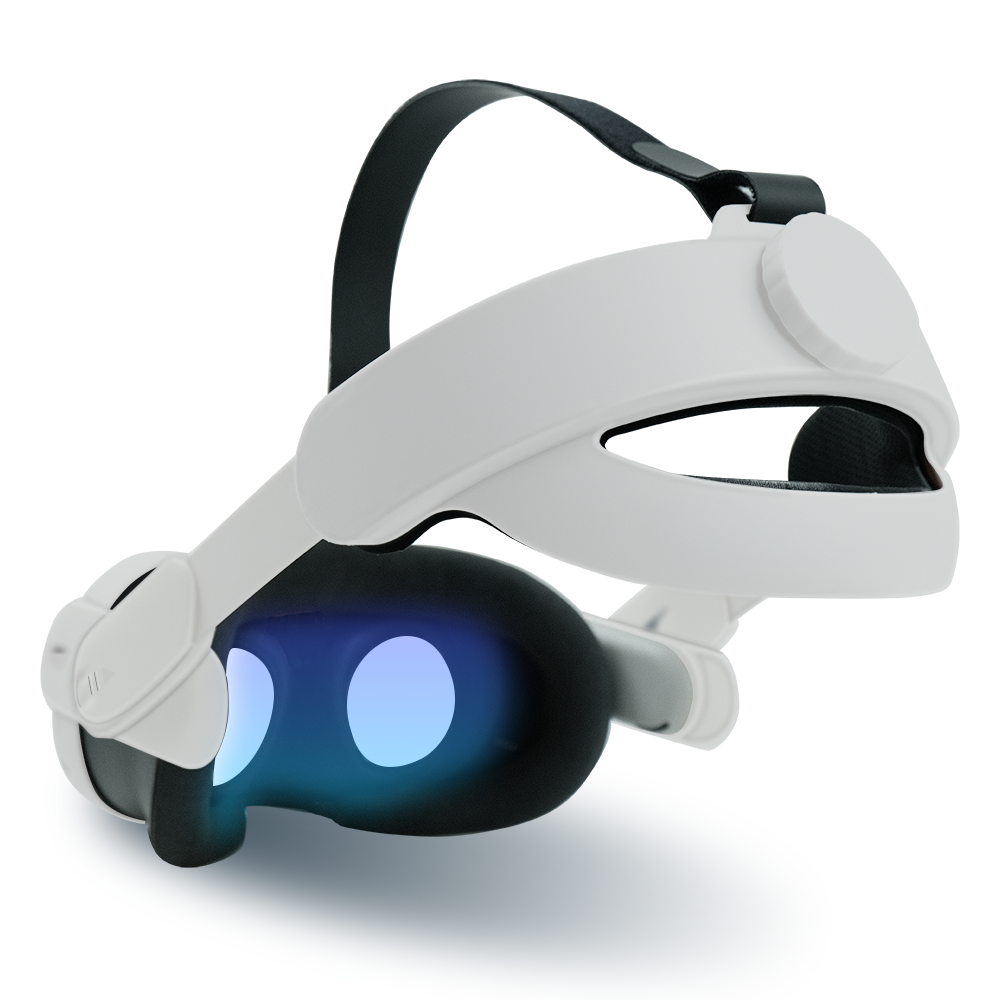 White VR headset with adjustable black strap, black padding, and blue-lit lenses