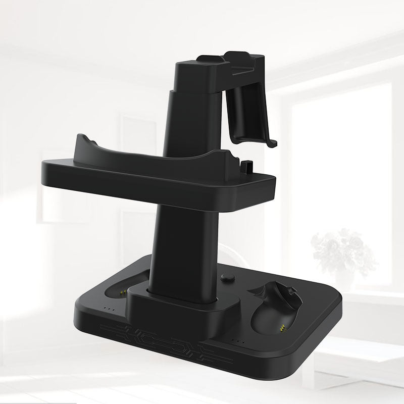 Empty black stand for VR headset and controllers with designated slots and charging ports