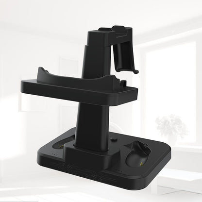 Empty black stand for VR headset and controllers with designated slots and charging ports