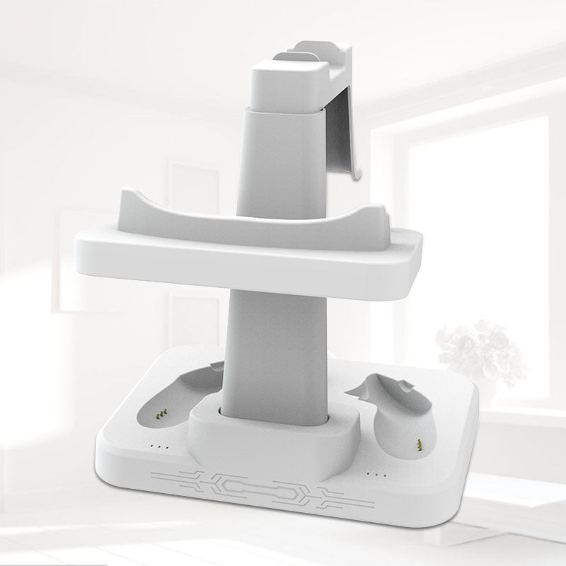 Empty white stand for VR headset and controllers with designated slots and charging ports