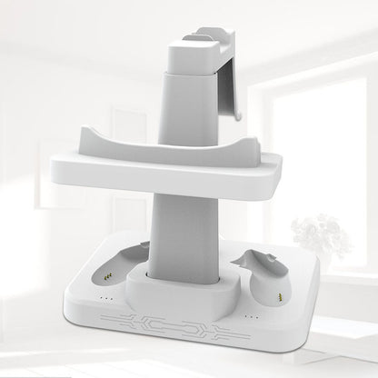 Empty white stand for VR headset and controllers with designated slots and charging ports