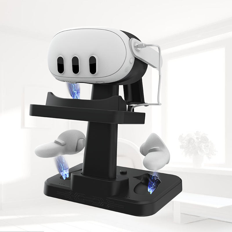 VR headset and controller charging stand with blue indicator lights