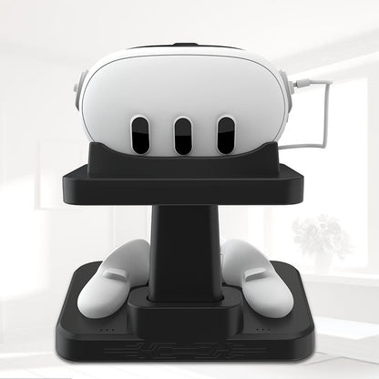 Front view of VR headset and controller dock with a black base and white devices