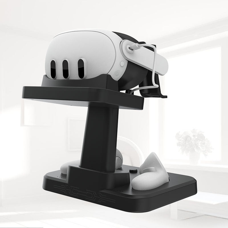 Side view of VR headset and controller stand with black base and white devices