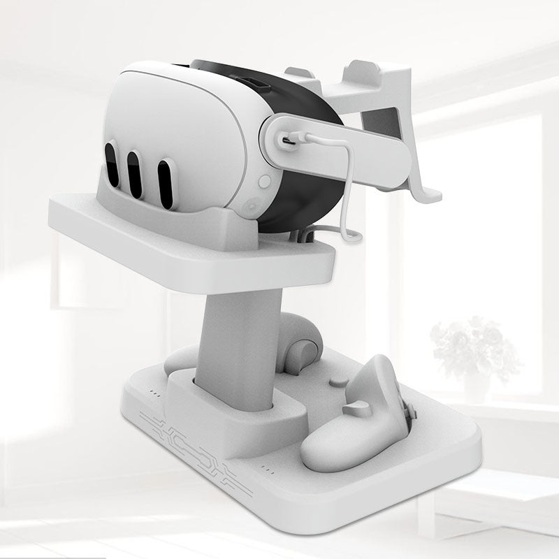 Side view of VR headset and controller stand with white base and white devices